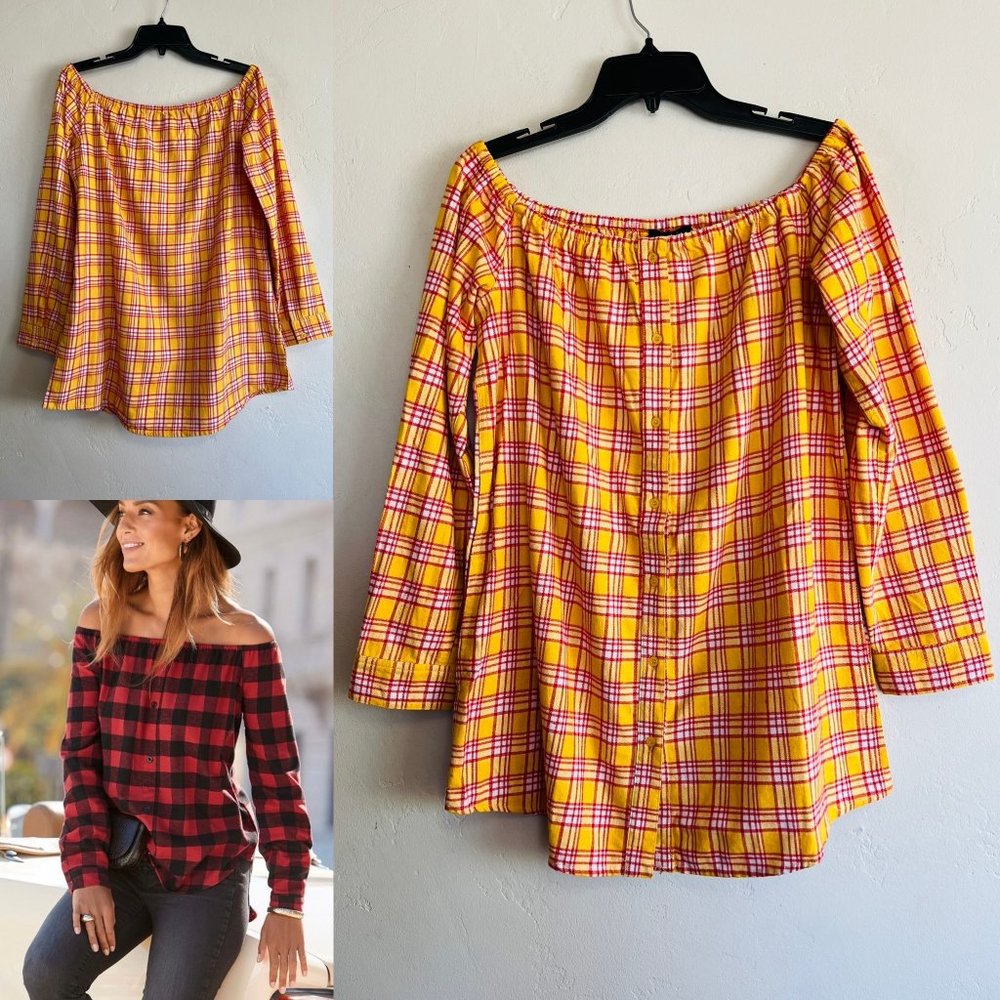 UNIQUE Yellow Red Plaid Flannel Off Shoulder Long Sleeve Tunic Top w/ Pockets L